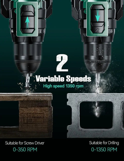 Close-up view of Go-To Cordless Hammer Drill Set With 20V 2.0Ah Battery Two-Pack demonstrating drilling wood and metal at 0-1350 RPM.