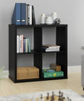 Open Back 4 Cube Storage Organizer In Black Built With A Sturdy Frame And Finished On Front And Back Perfect For Living Room Or Closet Organization Accepts 13 Inch Fabric Bins Easy Assembly showing four cubes with books and decor items.