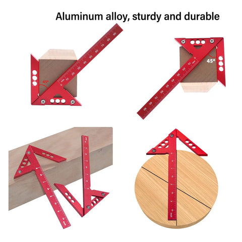 Dead On Aluminum Alloy Center Finder For Woodworking No Nonsense 45 Degree Scribe Marking Tool With Clear Metric Scale showing 45-degree angles on wood.