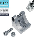 BRK-17 mounting bracket for PA17, PA-13, and PA-HD1 linear actuators, shown with bolt and nut included, in silver metal finish.