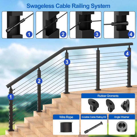 Complete 20 Pack Black Swageless Cable Railing Kit For 3/16 Inch Invisible Deck Wire Fencing featuring installation steps on patio railing.