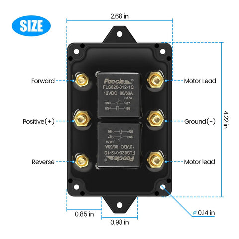 Heavy Duty 12V Forward Reverse Relay Module For Motor Control, showing dimensions and connection points.
