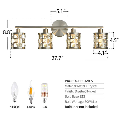 4 Light Bathroom Vanity Light Fixture Over Mirror In Brushed Nickel With Cylinder Crystal Shade dimensions diagram