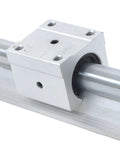 Close-up of Two 1500mm SBR20 Linear Guide Rails With Four SBR20UU Slide Blocks Kit for CNC routers and automated machines.
