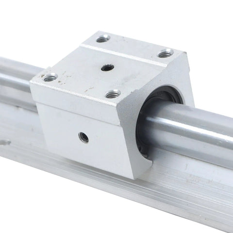 Close-up of Two 1500mm SBR20 Linear Guide Rails With Four SBR20UU Slide Blocks Kit for CNC routers and automated machines.