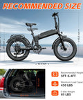 Kickin Folding Electric Bike For Adults With 1200W Peak Motor 48V 15Ah Removable Battery 20 inch fat tires shown folded in car trunk.