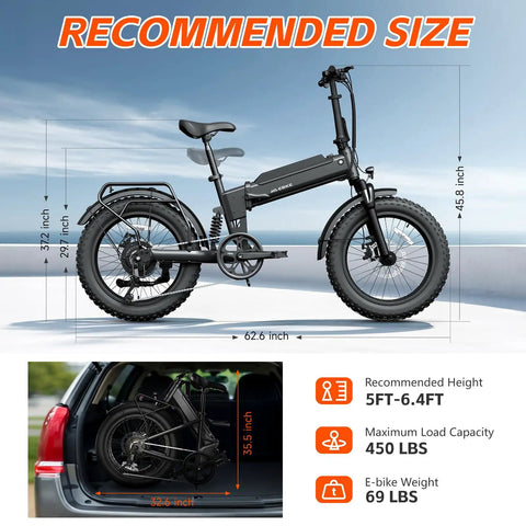 Kickin Folding Electric Bike For Adults With 1200W Peak Motor 48V 15Ah Removable Battery 20 inch fat tires shown folded in car trunk.
