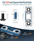 Slick Smart Push In Cage Nuts And M6 Rack Screws Kit with dimensions for 19 Inch server racks and square-hole compatibility.