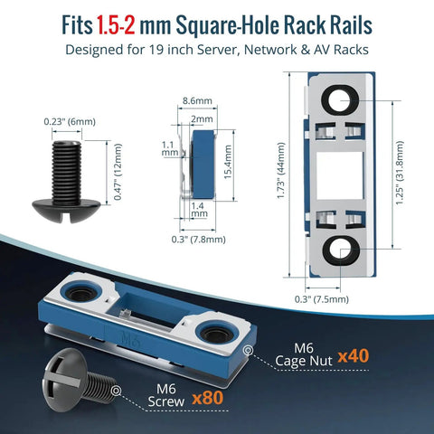 Slick Smart Push In Cage Nuts And M6 Rack Screws Kit with dimensions for 19 Inch server racks and square-hole compatibility.