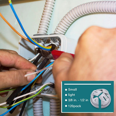 No Fuss 120 Gray Push In Wire Connectors For Nonmetallic Cable Wiring 3/8 To 1/2 Inch shown in installation with wires.