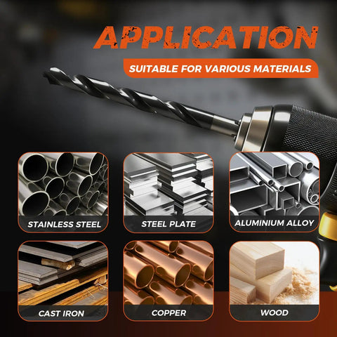 21 Piece Cobalt Drill Bit Set With TiAlN Coating for Hardened Metal and Stainless Steel, shown with application materials.