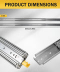 Heavy Duty Drawer Slides With 500 Lb Capacity 80 Inch Locking Full Extension Ball Bearing Slides shown in size and material detail