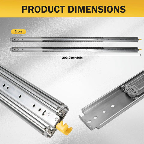 Heavy Duty Locking Drawer Slides 76 Inch Pair Noiseless Full Extension Steel Ball Bearing Rails 500 Pound Capacity dimensions view