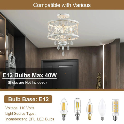 Straight Up Stunning Three Light Semi Flush Mount Crystal Ceiling Light Fixture In Vintage Rustic White Finish For Farmhouse Hallway Kitchen Entryway Bedroom Or Living Room, showcasing E12 bulb compatibility.