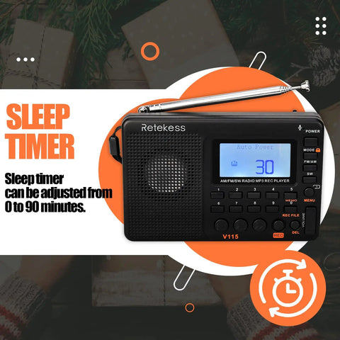 Compact Digital Shortwave Radio With AM FM SW Bands, sleep timer display, features adjustable timer settings.