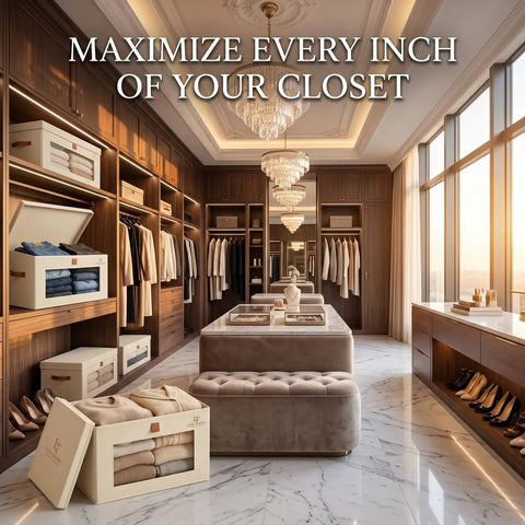 Badass No Frills Fabric Boxes With Secure Snap Lids And Grippy Handles Clear Front Panel Big Boy Closet Organizers For Clothes Blankets Household Must Haves 2 Pack Beige in elegant closet.