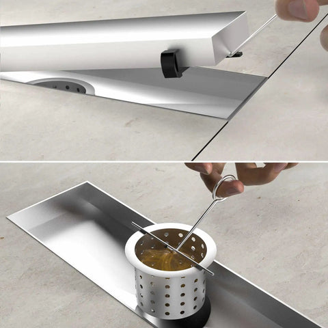 36 Inch Linear Shower Drain With Removable Wave Pattern Grate, Matte Black 304 Stainless Steel Floor Drain, Hair Catcher shown