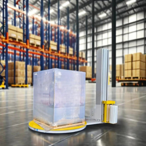 Built Like A Tank Automatic Pallet Wrapper With Plc Touchscreen Panel And Heavy Duty Welded Steel Frame To Crush Daily Freight Loads Without Skipping A Beat On High Volume Shipping Floors in a warehouse with a pallet.