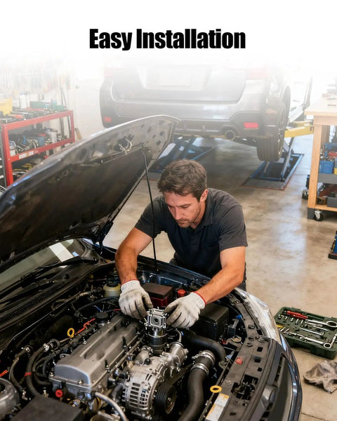 Man installing a part on an engine with a Premium 78 Inch Serpentine Drive Belt With 6 Ribs Fits Subaru Legacy And Outback Chevy Captiva Sport Buick Regal Replace 4060780.
