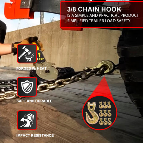 Three Eighths Inch Chain Hook Beefy Heavy Duty Grade Seventy Clevis Grab Hook for Trailer Towing Tow Chains Transport Use