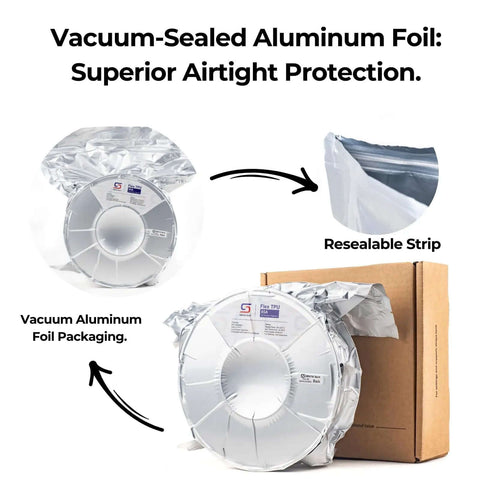 Flex TPU Filament 85A Shore ISO 10993 Tested in moisture-resistant aluminum bag packaging with resealable strip, black 1kg.