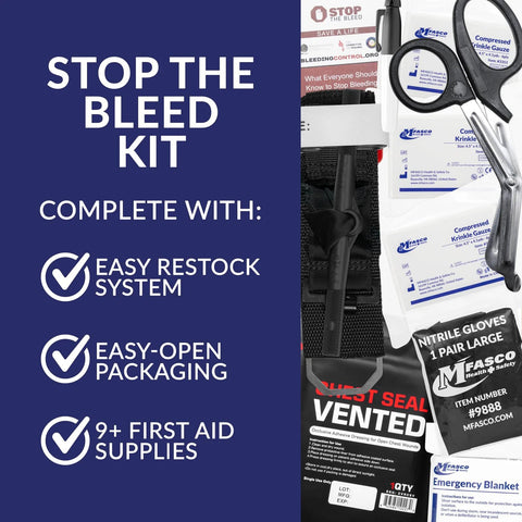 MFASCO 10-piece Stop The Bleed kit for bleeding control; portable trauma set with tourniquet, gauze, chest seals, gloves.