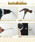 Installation steps for One Tier Katana Wall Mount Sword Holder With Red Velvet Padding, shows drilling, nailing, screwing, hanging
