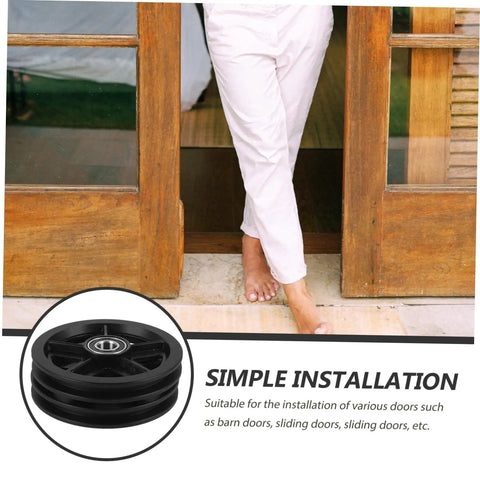 Heavy Duty Barn Door Roller Wheel Set Featuring Smooth Steel Casters For Sliding Gates And Windows High Load Rigid Track Hardware shown with wooden door.