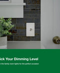 Toggle LED Dimmer Switch for Dimmable LEDs installed on dark tile wall in home interior with green plant nearby.