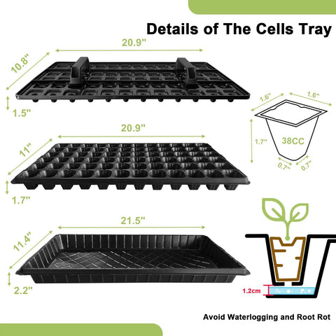 72 Cell Seed Starter Trays Kit With Dibber And 20 Reusable Seedling Trays For Germination And Propagation Includes Plant Labels And A Soil Digger For Easy Planting A Great Gift For Gardeners tray dimensions and cell design details.