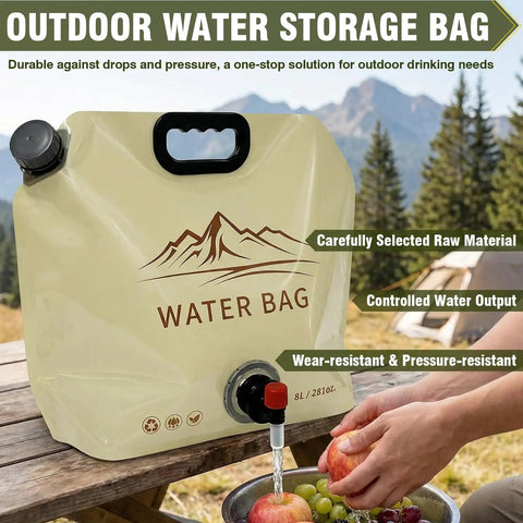 Outdoor water storage bag with mountain design, hand filling a bottle, wear-resistant material, on outdoor table.