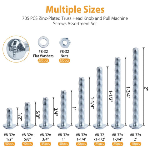 Number 8 32 Phillips Head Machine Screw Assortment Kit With Zinc Plated Steel Bolts Nuts And Washers For Cabinet Doors And Drawers 705 Piece showing multiple sizes of screws and washers.