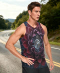 Premium Mens Workout Tank Top With Dope Mechanical Flower Gears Stars Print quick dry sleeveless athletic tee worn by a male model outdoors.