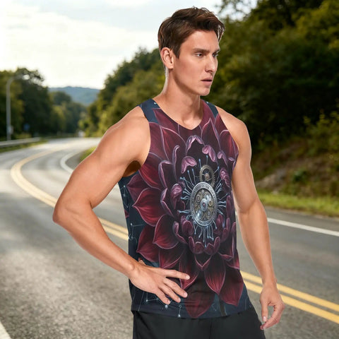 Premium Mens Workout Tank Top With Dope Mechanical Flower Gears Stars Print quick dry sleeveless athletic tee worn by a male model outdoors.