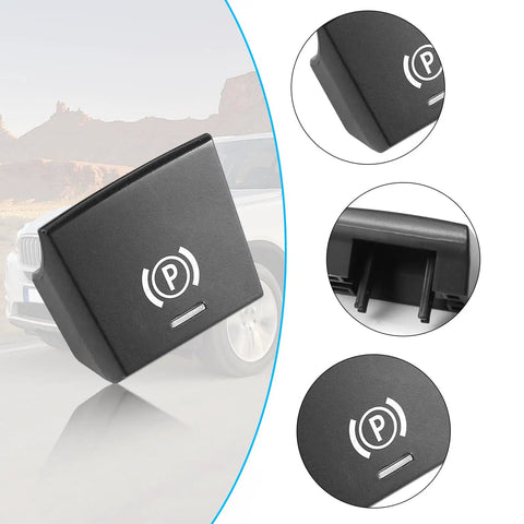 Close-up of BMW Parking Brake Button Replacement Cover Kit for 2015-2019 models, showing black ABS+PC material and installation clips.