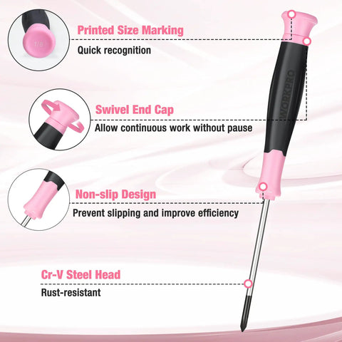 Slick 10 Piece Precision Screwdriver Set With Ergonomic Comfort Grip And Sturdy Pink Pouch For Electronics Repair watch screwdriver with printed size markings.