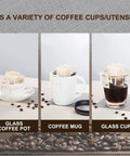Go To Portable Coffee Filter Bags With Hanging Ear Design on various cups, showcasing compatibility with glass coffee pot, mug, and cup.