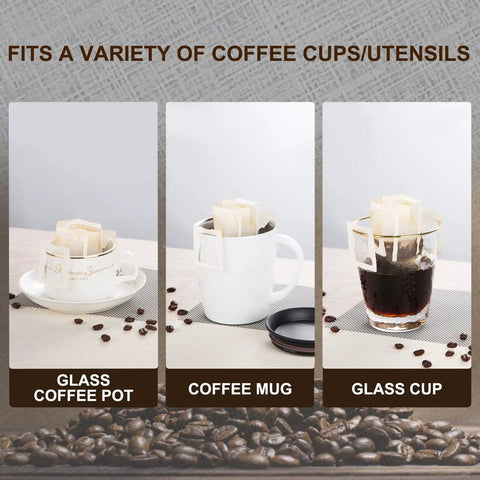 Go To Portable Coffee Filter Bags With Hanging Ear Design on various cups, showcasing compatibility with glass coffee pot, mug, and cup.