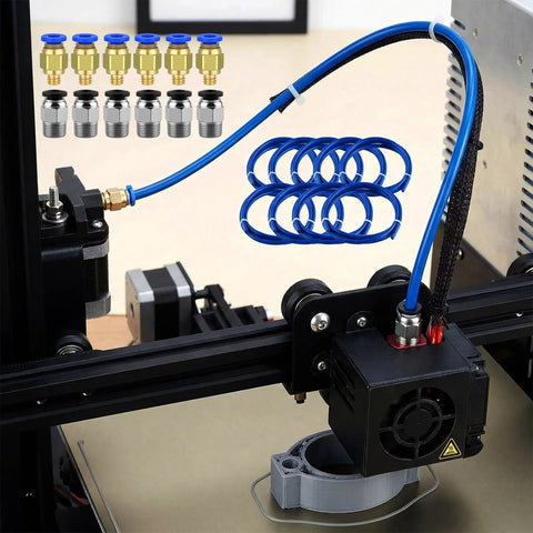 3D printer setup with Blue PTFE Tubing 1 Meter Set With 10 PC4 M6 Fittings And 10 PC4 M10 Pneumatic Connectors, 4 PU4 Tube Connectors