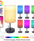 Bedside Lamp With 2 USB Ports And Outlet Lit RGB Color Changing Nightstand Light, 3-Way Dimmable With Remote Control displayed in colors