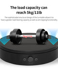 Foxvee 360 Degree Silent Rotating Display Stand Speed Adjustable Motorized Turntable Bidirectional Spinning Base For 3d Scan Product Photography With Triple Power Supply Black showcasing 5kg weight on black platform.