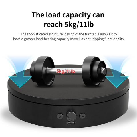 Foxvee 360 Degree Silent Rotating Display Stand Speed Adjustable Motorized Turntable Bidirectional Spinning Base For 3d Scan Product Photography With Triple Power Supply Black showcasing 5kg weight on black platform.
