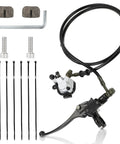 SENJWARM hydraulic brake kit with hand lever, master cylinder, caliper, 50in hose, brake pads, bolts, hex key.