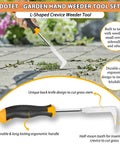 Hand holding L-shaped crack weeder from Three Piece Garden Weeder Set With Rubber Handles Hand Held Uprooting Tools.
