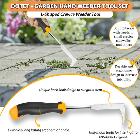 Hand holding L-shaped crack weeder from Three Piece Garden Weeder Set With Rubber Handles Hand Held Uprooting Tools.