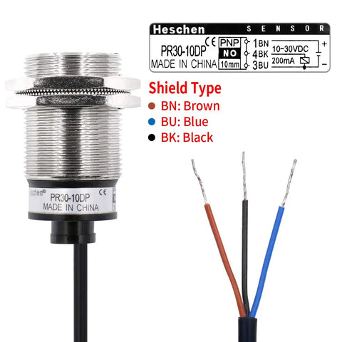 Inductive M30 Proximity Sensor Switch PR30-10DP Cylindrical 10mm Sensing Distance DC 12-24V Shielded 3-Wire PNP Normally Open Heavy-Duty Plug And Play Industrial Grade Sensor, wired