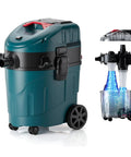 Auto Clean Dust Extractor With Dual Cyclone Pre Separation System, Pro Grade Industrial Vacuum For Woodworking And Sanding, 9 Gallon, 1400W, 19KPa, Reduces Filter Clogs And Protects Motor, Great For Shops, shown in blue with transparent section.
