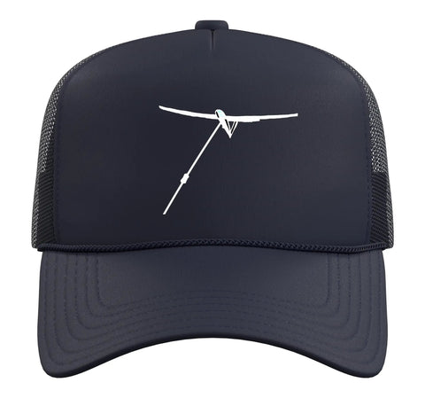 Front view of Glider Winch Launch Trucker Hat For Sailplane Fans Adjustable Mesh Back Navy Blue Cap With Takeoff Thrills And Soaring Flight Vibes, Pilot Style Gear For Everyday Wear