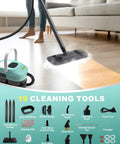 Mint Green 19 In 1 Detachable Steam Mop With Handheld Unit And Huge 54 Oz Tank For Quick Deep Cleaning On Wood Tile And Carpet That Really Kicks Gunk To The Curb Every Time in use on hardwood floor.