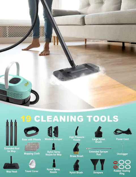Mint Green 19 In 1 Detachable Steam Mop With Handheld Unit And Huge 54 Oz Tank For Quick Deep Cleaning On Wood Tile And Carpet That Really Kicks Gunk To The Curb Every Time in use on hardwood floor.